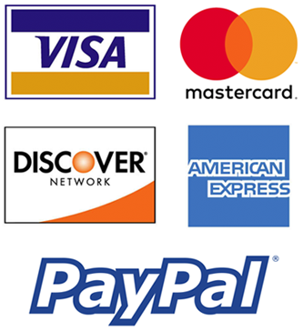 We Accept: Visa, MasterCard, American Express, Discover, PayPal